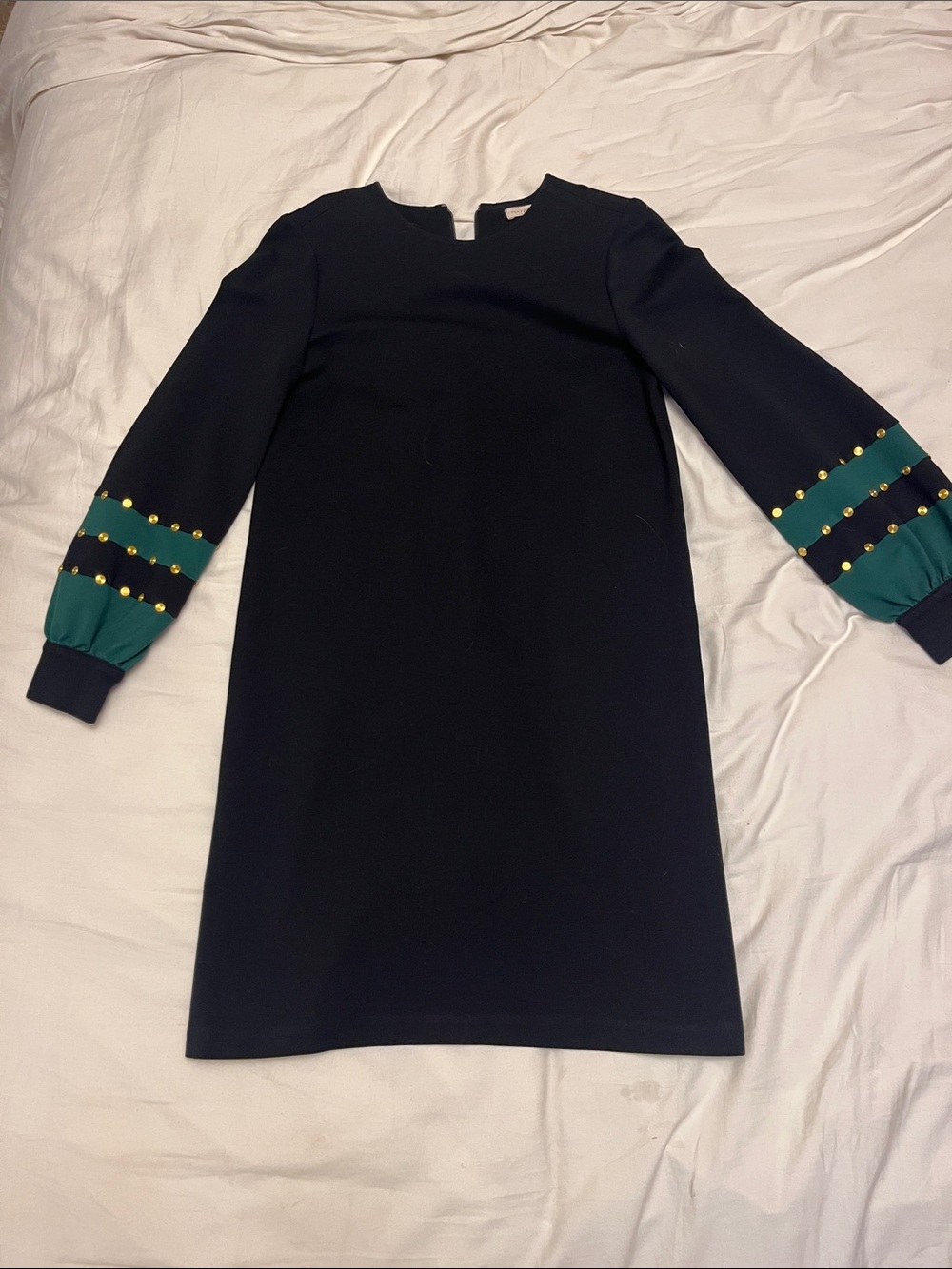 Tory Burch Black Shift Dress with Green Sleeve Panels and Gold Studs